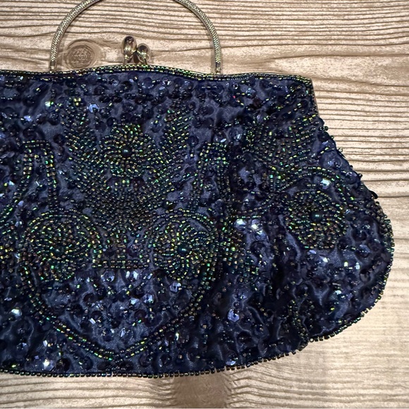 Vintage Navy Blue Beaded Evening Bag Top Handle Kiss Lock Formal Purse main image 2